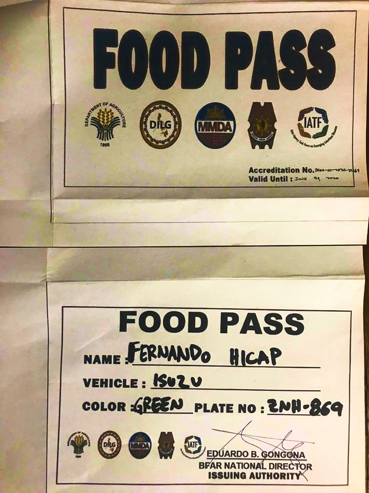 The "Food Pass" issued by BFAR Director and DA Undersecretary Eduardo Gongona that Norzagaray police refused to recognize, leading to the arrest of relief frontliners of Tulong Anakpawis and Sagip Kanayunan, including Anakpawis Party-list former representative Ariel "Ka Ayik" Casilao.
